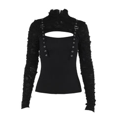 Black high-neck gothic top with cutout detail, ruffled textured sleeves, and grommet straps for a bold and edgy look.