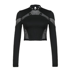 Gothic long-sleeve crop top with mesh panels and stud accents, perfect for punk-inspired streetwear.