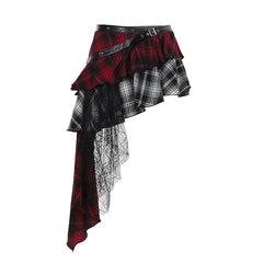 Gothic asymmetrical plaid skirt with layered ruffles, lace accents, and a faux leather belt, perfect for punk or alternative fashion.