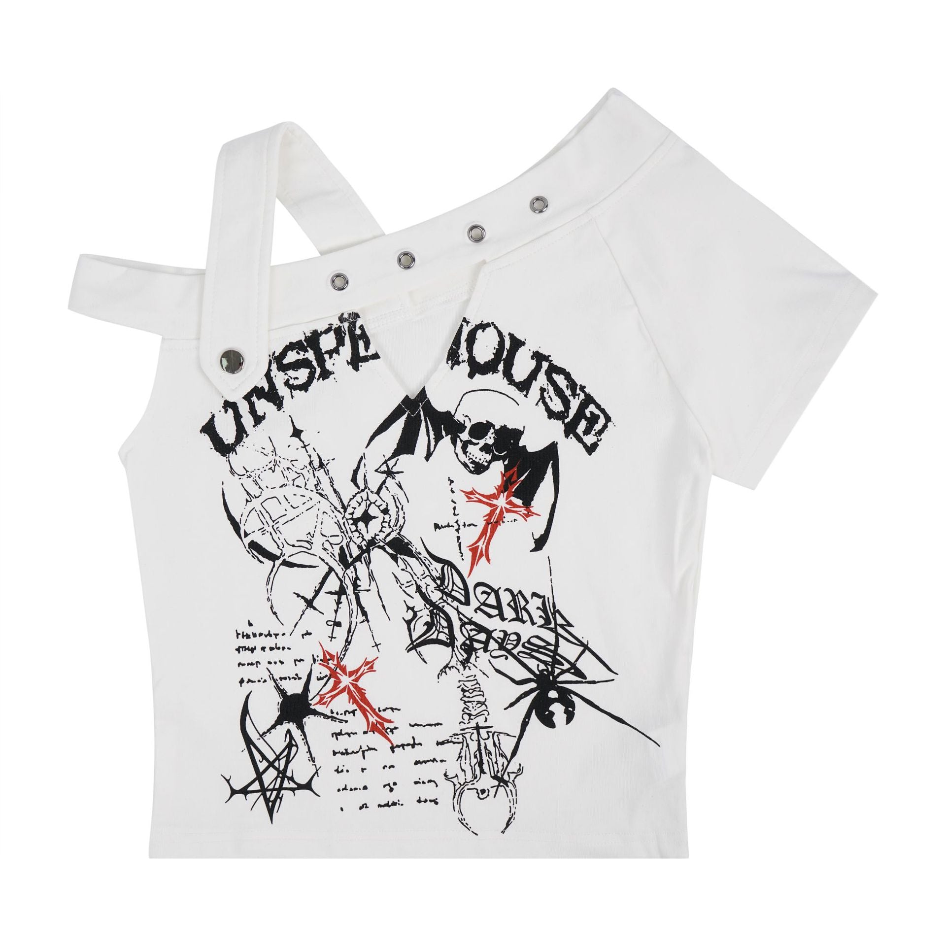 Gothic punk off-shoulder graphic tee with edgy prints, a strap design, and grommet details, perfect for alternative fashion.