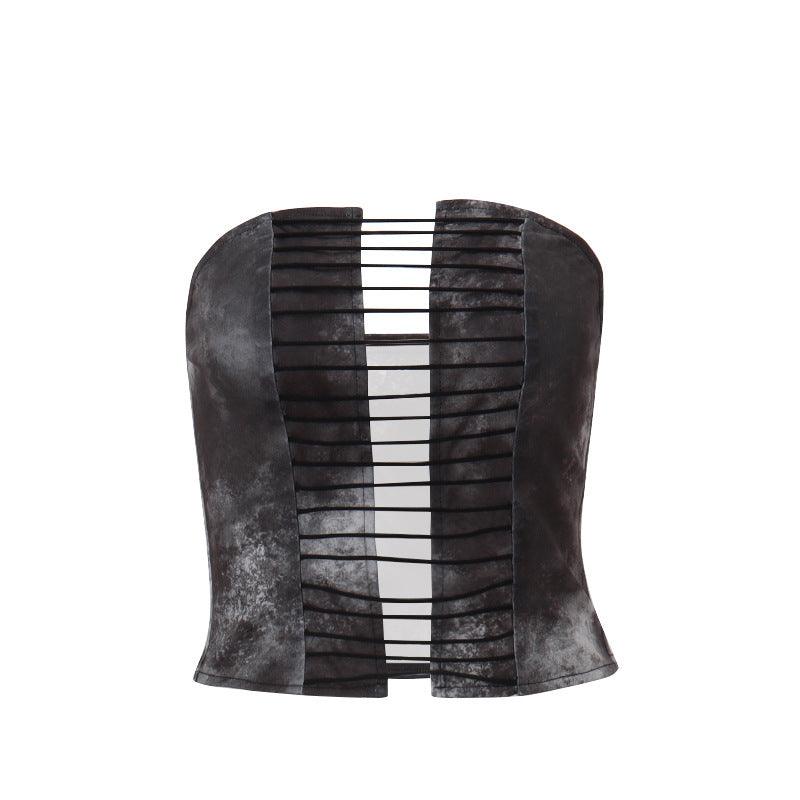 Gothic strapless corset top with lace-up front and crisscross detailing.