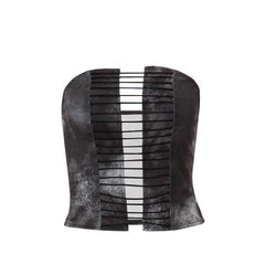 Gothic strapless corset top with lace-up front and crisscross detailing.