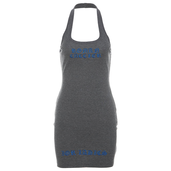 Gray halter mini dress featuring blue lettering, body-hugging fit, and sporty design for casual chic styling.