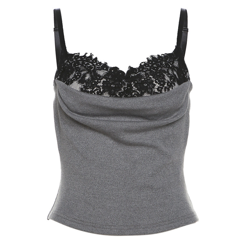 Grey cowl neck camisole with black lace trim, styled with denim jeans for an elegant yet casual look.