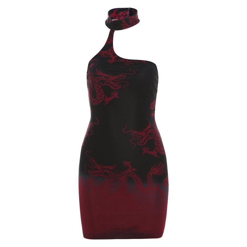 Halter mini dress with dragon graphics, perfect for parties and night-outs.