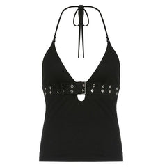 Halter top with a buckle detail, plunging neckline, and cutout accent for a bold and edgy look

