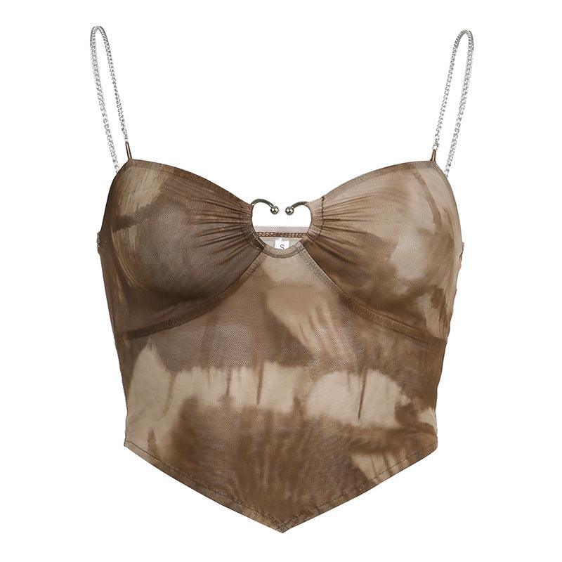 Heart ring tie-dye cami top in earthy tones with spaghetti straps.