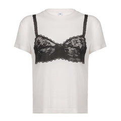 White t-shirt with black lace bra graphic print.