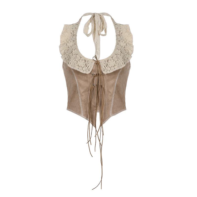 Lace collar tie-front corset vest with vintage elegance, perfect for stylish streetwear or date nights.

