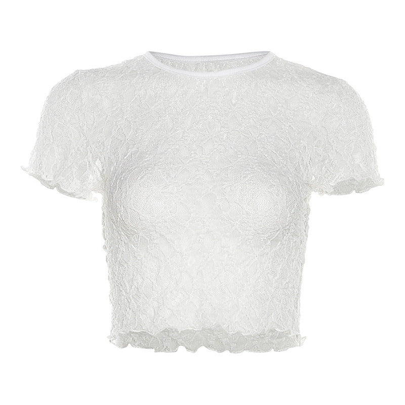 Lace cropped top with floral pattern and sheer design, perfect for parties or casual wear.