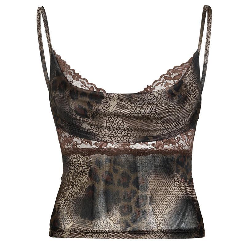 Cowl neck cami top with lace panel detailing.