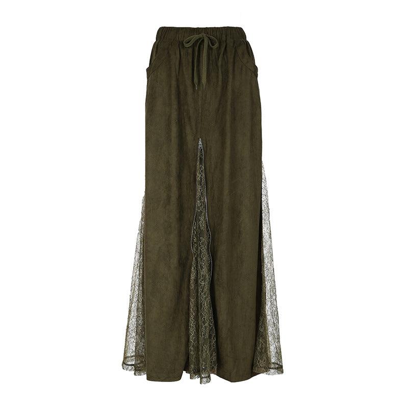 Maxi skirt with lace panel, adjustable zip-slit, and drawstring waist.