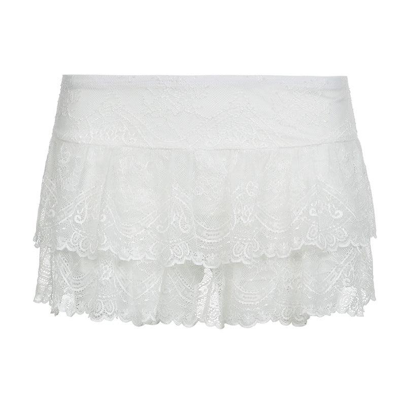 Lace mini skirt with ruffled hem and high-waist design.