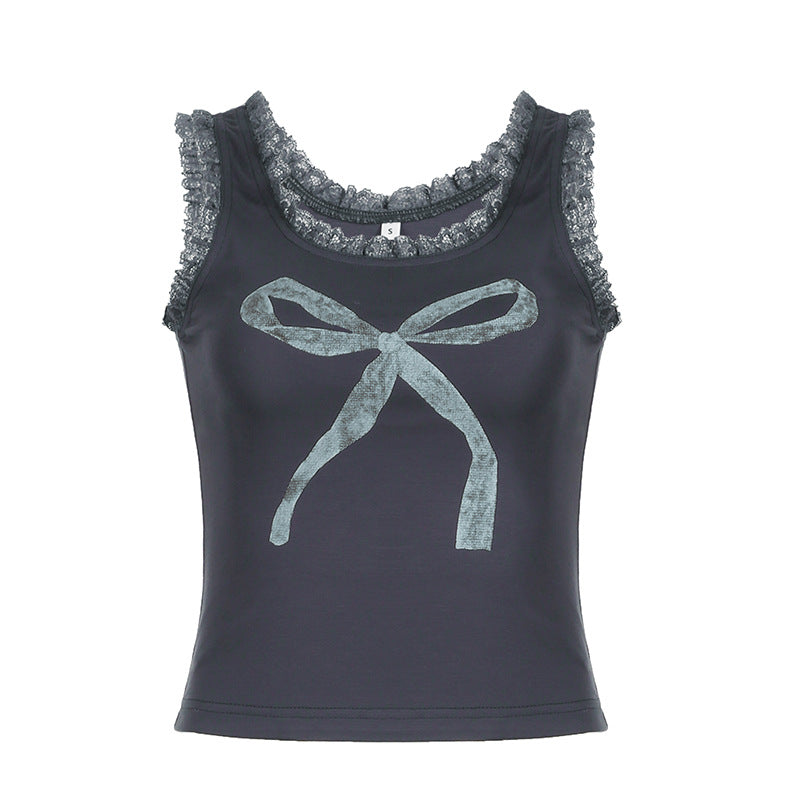 Lace trim tank top with bowknot graphic, perfect for a cute and casual look.