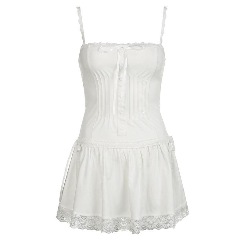 Lace Trim Corset Mini Dress with lace details and a flared skirt design.
