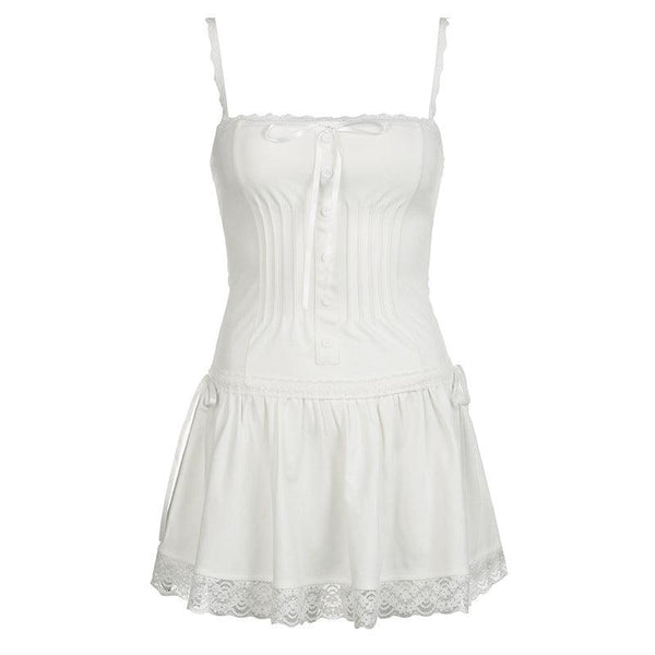 Lace Trim Corset Mini Dress with lace details and a flared skirt design.
