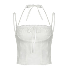 White corset-style halter top with lace trim and adjustable ties, offering a chic and feminine look.