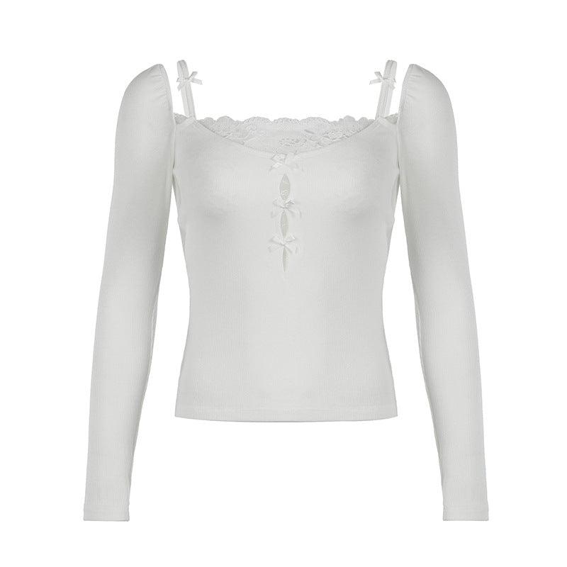 Lace-trimmed long sleeve top with bow details on the front, offering a feminine and romantic style.