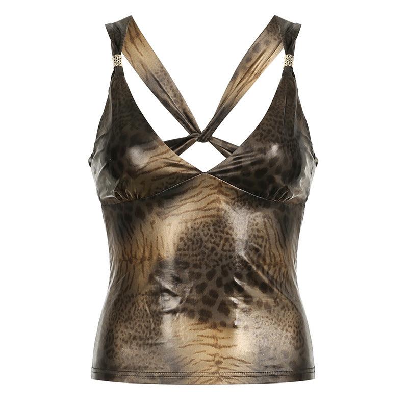 Leopard print deep V-neck crossover cami top, perfect for a bold, sexy look at parties or night outings.