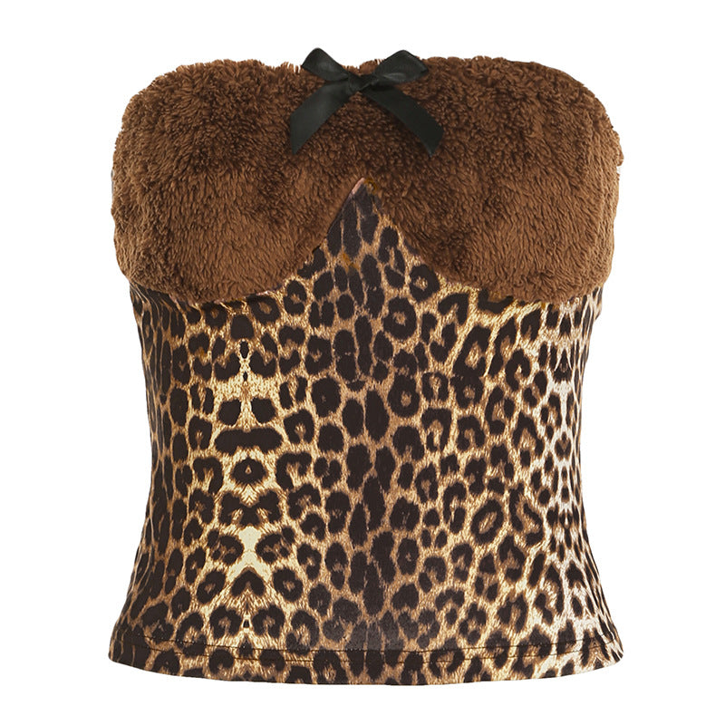 Leopard print faux fur strapless top with bow detail, perfect for bold and elegant style.