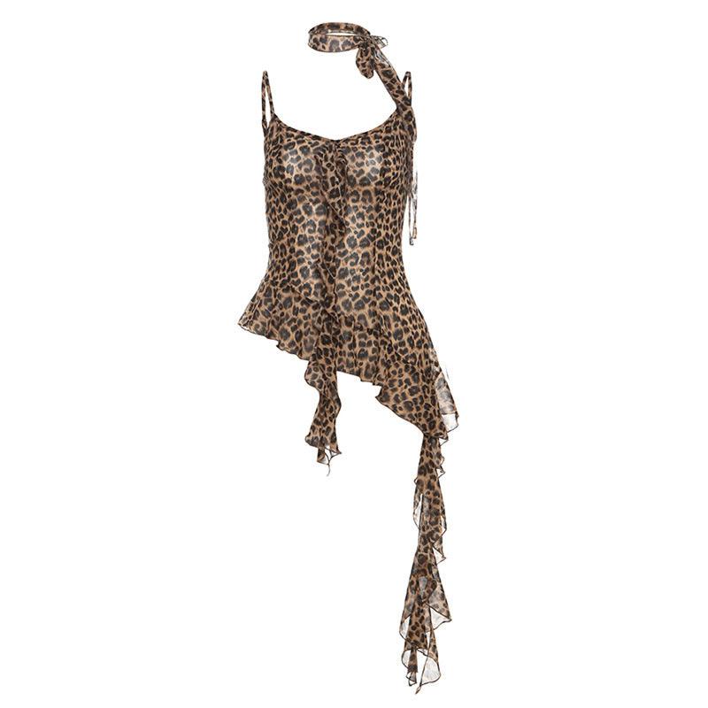 Leopard print halter V-neck top with ruffle details, perfect for stylish parties or dates.

