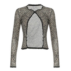 Leopard print tie-front cropped blouse with long sleeves for a chic and bold look