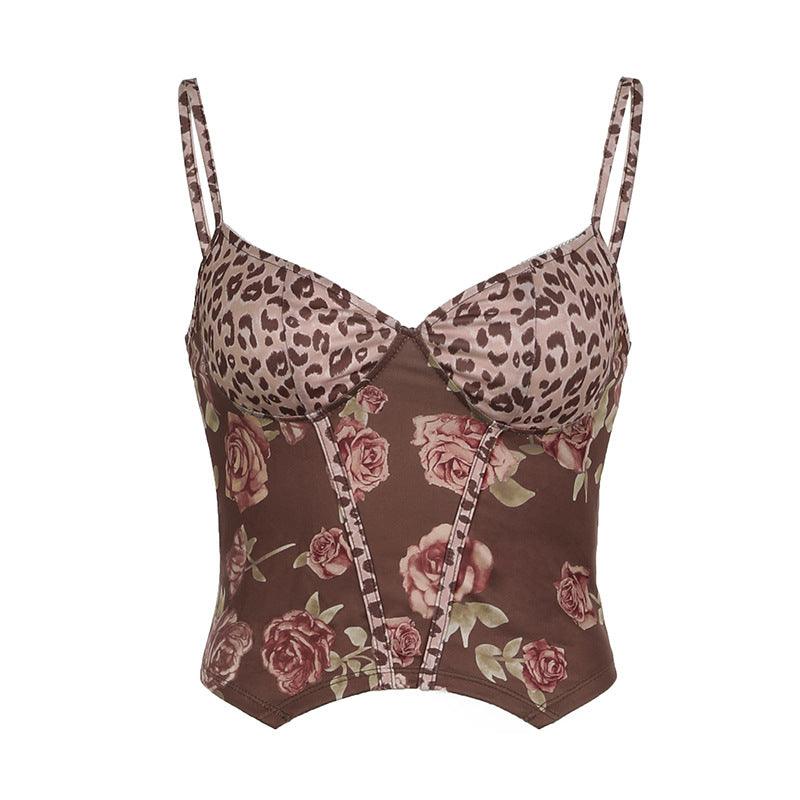 Leopard and rose print corset top with lace trim, perfect for a sexy and vintage-inspired look.

