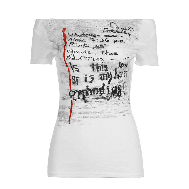 Off-shoulder top with hand-drawn style graphic print, perfect for casual or streetwear looks.