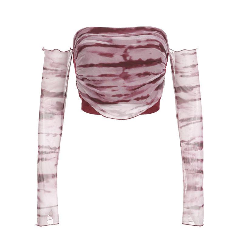 Off shoulder tie-dye mesh top with long sleeves, perfect for casual or streetwear looks.