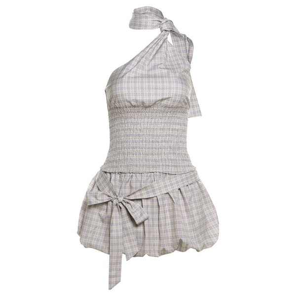 One-shoulder plaid smocked top and ruffled skirt set with bow detail, perfect for summer outings and casual wear.