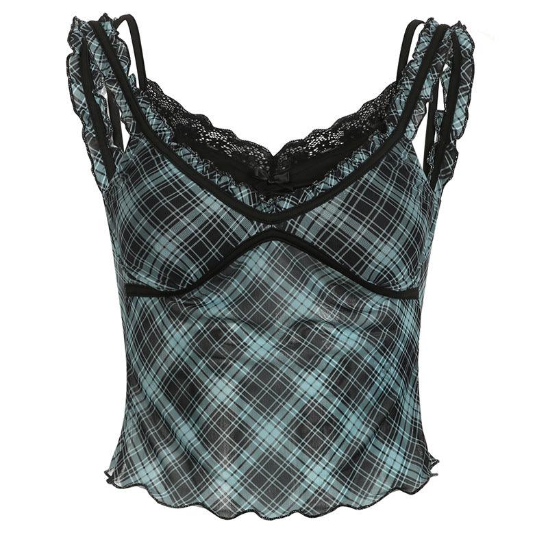 Plaid mesh lace detail cami top with ruffle accents.