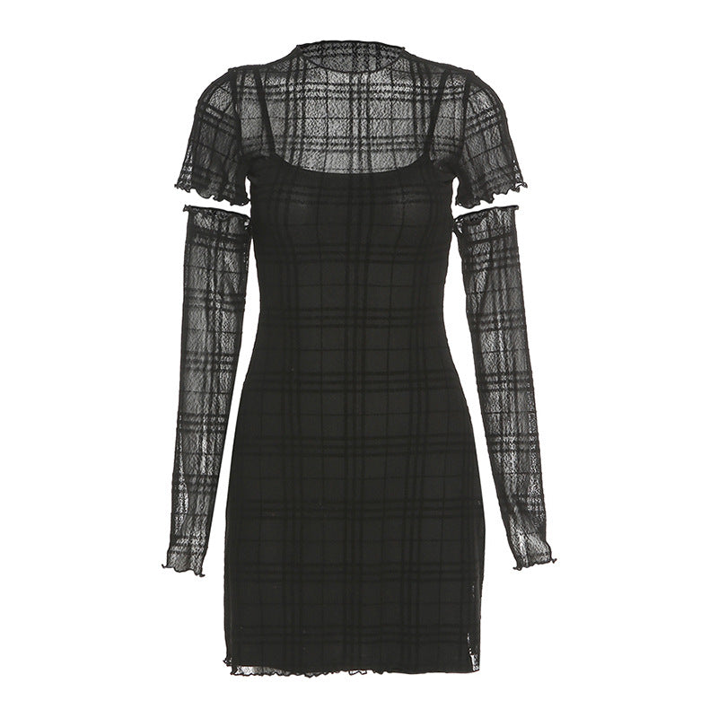 Black plaid sheer layered mini dress with long sleeves and ruffle details, styled for an edgy streetwear look.