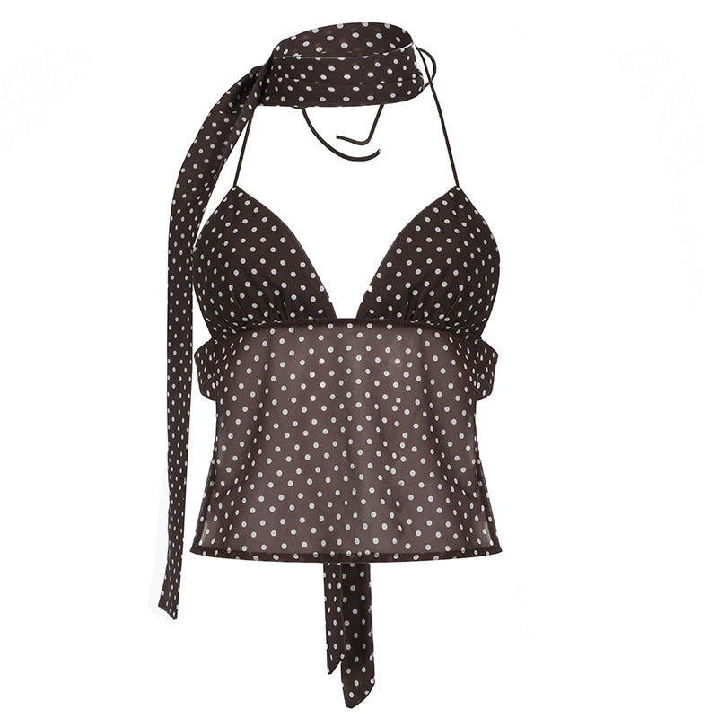 Brown polka dot halter top with matching scarf tie, styled with black pants for a chic and playful look.