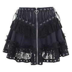 A black mini skirt with intricate lace detailing, showcasing a punk-inspired design with a slim fit and a comfortable waistband, perfect for adding a gothic edge to any outfit.