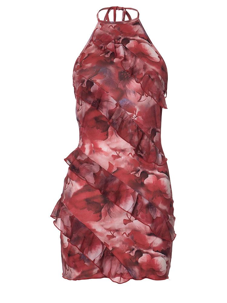 Red floral ruffle mini dress, perfect for romantic evening or party outfits.