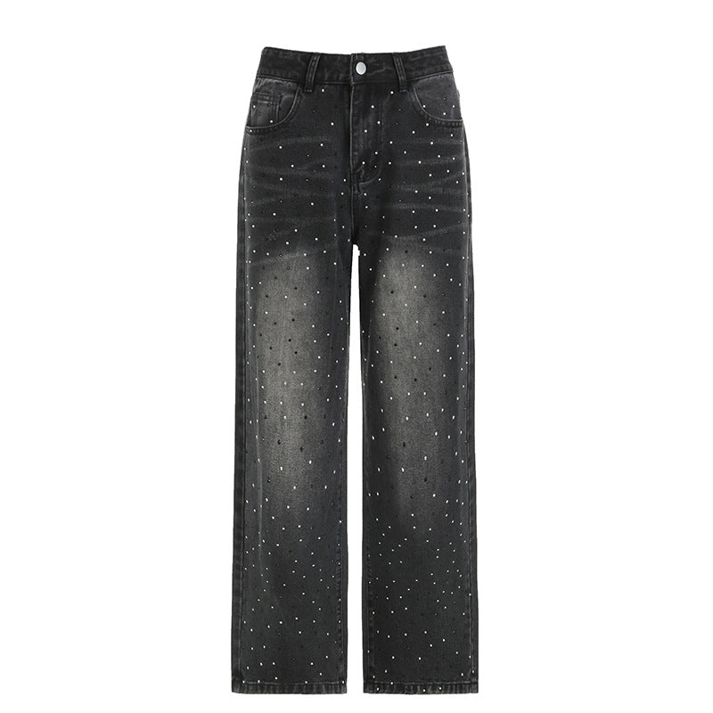 Wide-leg jeans with rhinestone embellishments, perfect for parties or trendy casual looks.