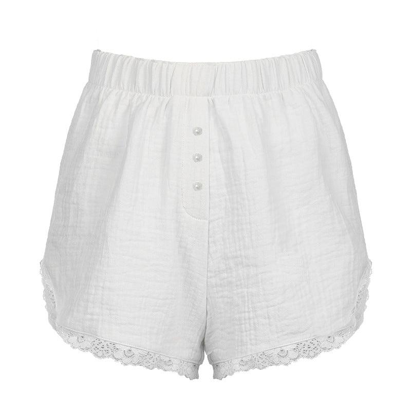 Romantic holiday lace-trimmed lounge shorts with a comfortable elastic waistband.