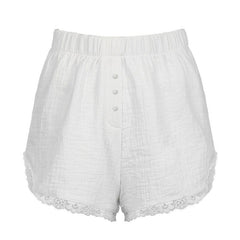 Romantic holiday lace-trimmed lounge shorts with a comfortable elastic waistband.