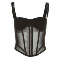 Ruched mesh corset top with structured boning.