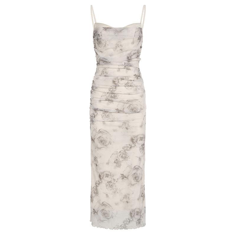 Ruched rose print cami dress, featuring a romantic and elegant design, perfect for special occasions.