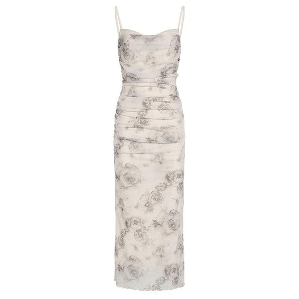 Ruched rose print cami dress, featuring a romantic and elegant design, perfect for special occasions.