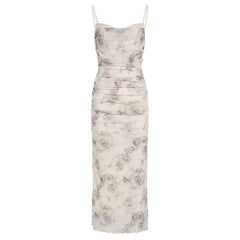 Ruched rose print cami dress, featuring a romantic and elegant design, perfect for special occasions.