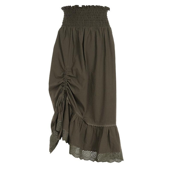 Ruched waist midi skirt with eyelet trim and adjustable drawstring.