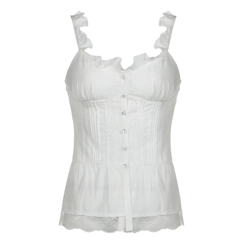 Ruffled corset-style top with lace trim and button-up front.