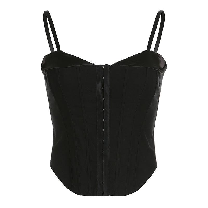 Black satin trim corset top with a figure-hugging fit and structured design.