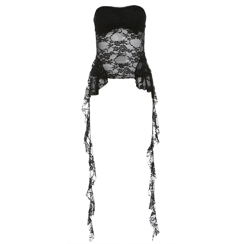 Strapless sheer lace bustier top with long draped tails, styled with a sleek skirt for a sophisticated look.

