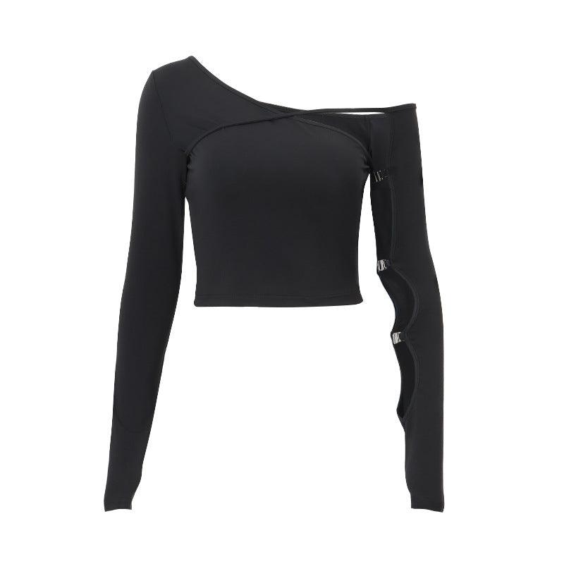 A street-style long sleeve top featuring an asymmetrical neckline and cutout details, offering a bold and edgy look.