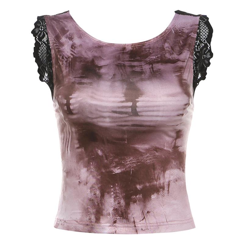 Tie-dye sleeveless crop top with lace open back in an edgy and chic style