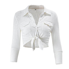 White long sleeve crop shirt with front tie detail and button-up design.