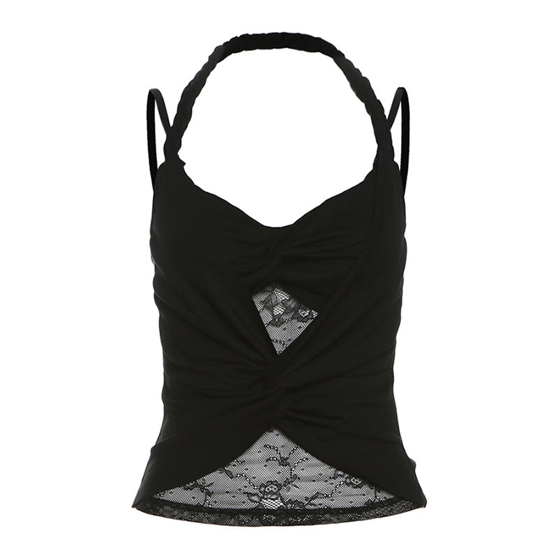 Twisted halter top with lace panel detailing in black and white, perfect for casual and evening styles.

